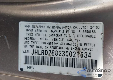 2003 Honda Cr-V Ex из США, поврежденный, VIN JHLRD78823C021534